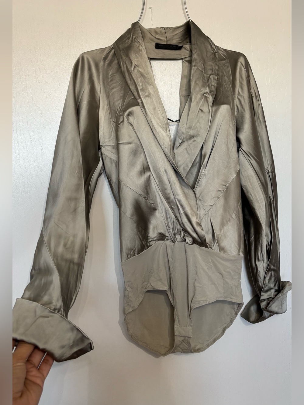 Donna Karan Silver Satin Wrap-Front bodysuit